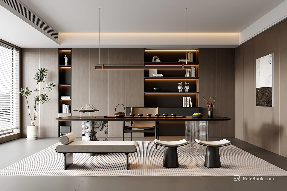 Modern Tea Room Interior With Dark Wood Bookshelves Pendant Lights Plants And Long Table Stools 3d model 