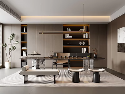 Modern Tea Room Interior With Dark Wood Bookshelves Pendant Lights Plants And Long Table Stools 3d model
