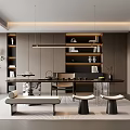 Modern Tea Room Interior With Dark Wood Bookshelves Pendant Lights Plants And Long Table Stools