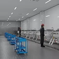 Industrial Food Processing Facility Interior With Stainless Steel Equipment Blue Floor And Worker
