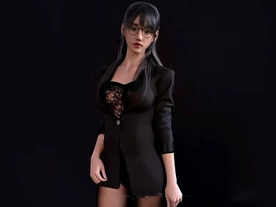 Stylish Woman With Long Hair In Black Blazer And Lace Top Against Black Background 3d model