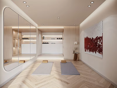 Modern Yoga Fitness Studio With Wooden Flooring Mirrors And Yoga Mats 3d model