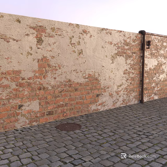 Weathered Brick Wall With Peeling Paint And Cobblestone Ground Near Drain Pipe 3d model 