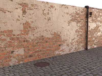 Weathered Brick Wall With Peeling Paint And Cobblestone Ground Near Drain Pipe 3d model