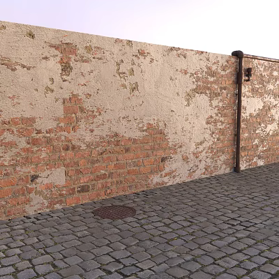 Weathered Brick Wall With Peeling Paint And Cobblestone Ground Near Drain Pipe 3d model