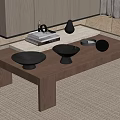 Wooden Coffee Table With Stacked Books Black Vase And Decorative Bowls In Modern Living Room