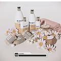 Fresh Bathroom Accessories With ROOT Branded Bottles Rolled Pink Towel Candle Daisies And Wooden Bowl