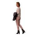 A Stylish Woman Wearing Lace Top And Pink Pants With Black Boots Holding Black Jacket