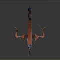 Orange And Blue Crossbow Weapon With Curved Wooden Frame And Metal Arrow