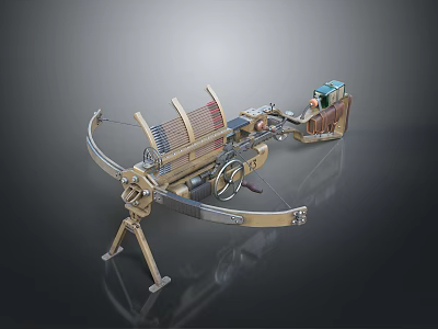 Ancient Mechanical Weapon With Metal Frame And Tripod Support Stand 3d model