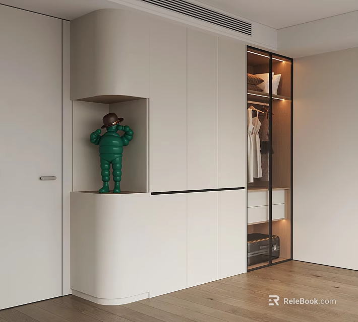 Modern White Wardrobe with Glass Doors Open Shelves Built-in Lighting and Decorative Figurine 3d model 