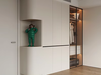 Modern White Wardrobe with Glass Doors Open Shelves Built-in Lighting and Decorative Figurine 3d model