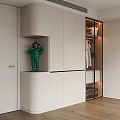 Modern White Wardrobe with Glass Doors Open Shelves Built-in Lighting and Decorative Figurine