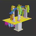 Industrial Equipment With Yellow Robotic Arms On Automated Platform Support Structure