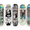 Colorful Holo Skateboard Decks With Various Artistic Graphics And Text Designs