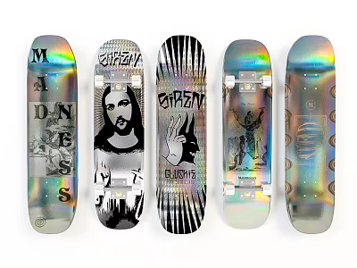Colorful Holo Skateboard Decks With Various Artistic Graphics And Text Designs 3d model