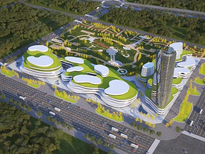 Aerial View Urban Planning Featuring Green Roof Buildings Skyscraper Roads And Landscaped Parks 3d model