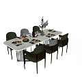 Modern Dining Table Set With Beige Brown Chairs Tableware Wine Glasses And Green Plant Vase