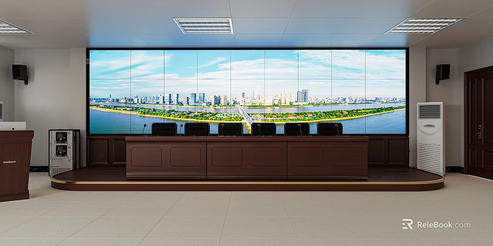 Command Center Control Room With Large Video Wall Displaying Cityscape River View And Brown Console 3d model 