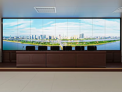 Command Center Control Room With Large Video Wall Displaying Cityscape River View And Brown Console 3d model