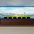 Command Center Control Room With Large Video Wall Displaying Cityscape River View And Brown Console