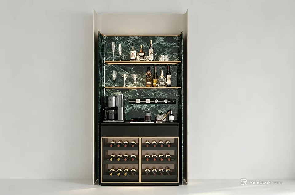 Modern Luxury Home Wine Cabinet With Marble Backdrop And Ample Wine Bottle And Glassware Storage 3d model 
