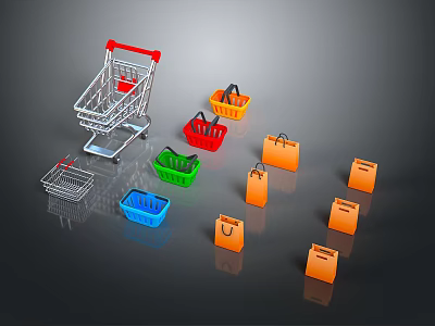 Multicolored Shopping Equipment With Carts Baskets And Paper Bags 3d model
