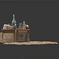 Wooden Work Desk With Camel Figurine Stone Decorations Clay Pots Drawers Rug And Hay