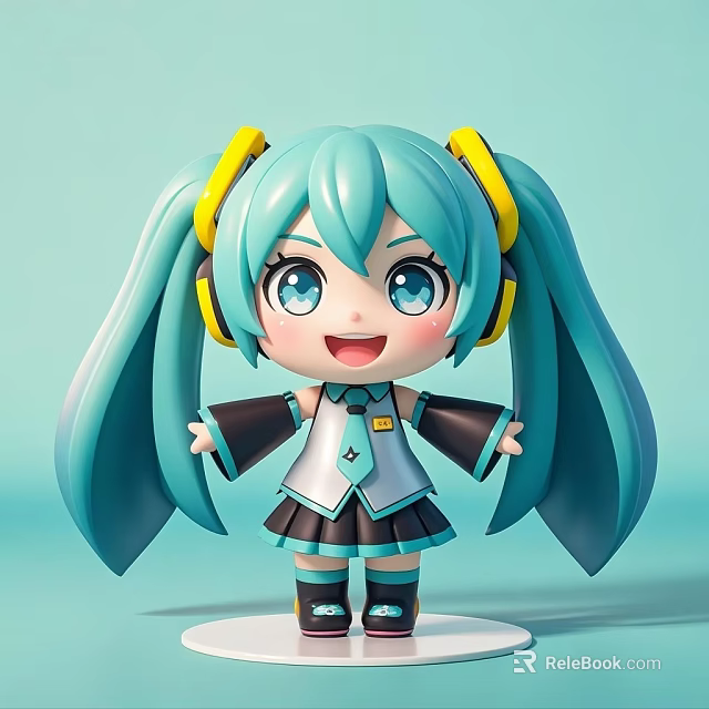 Anime Woman With Teal Pigtails Yellow Headphones And Cute Expression In Black White Outfit 3d model 