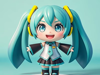 Anime Woman With Teal Pigtails Yellow Headphones And Cute Expression In Black White Outfit 3d model