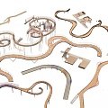 Modern Curved Walkway Design With Multiple Wooden Structures And Platforms 3d model