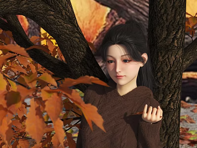 Woman In Brown Sweater With Long Black Hair Standing By Trees And Orange Autumn Leaves 3d model