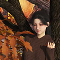 Woman In Brown Sweater With Long Black Hair Standing By Trees And Orange Autumn Leaves
