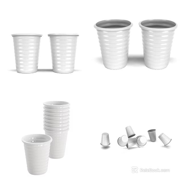 White Stacked And Scattered Cups With Ribbed Design For Home And Kitchen Decor 3d model 