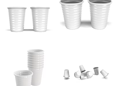 White Stacked And Scattered Cups With Ribbed Design For Home And Kitchen Decor 3d model