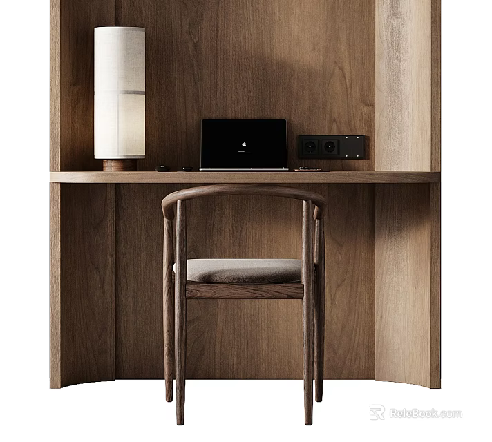 Modern Wooden Desk Setup With Laptop Table Lamp And Comfortable Chair 3d model 