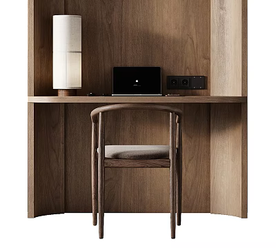 Modern Wooden Desk Setup With Laptop Table Lamp And Comfortable Chair 3d model