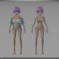 3D Anime Style Female Characters Two Figures With Pink Hair Bikini And Blue Jacket