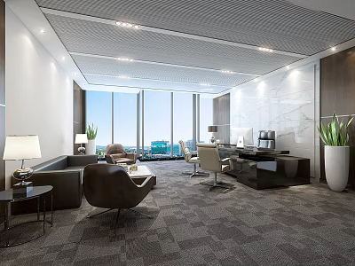 Modern Spacious Office Interior With Large Windows City View Sofa Office Desk And Plants 3d model