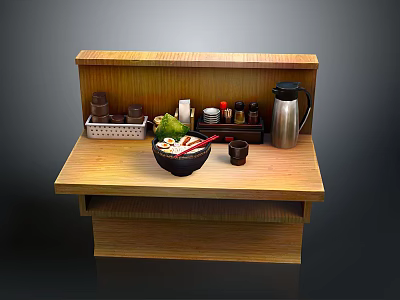 Wooden Kitchen Counter With Bowl Of Food Chopsticks Stainless Steel Thermos And Spice Bottles 3d model