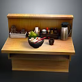 Wooden Kitchen Counter With Bowl Of Food Chopsticks Stainless Steel Thermos And Spice Bottles