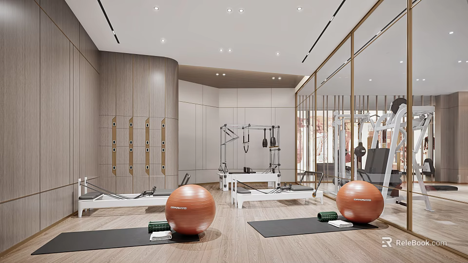 Modern Fitness Studio With Wooden Walls Large Mirrors Exercise Balls Yoga Mats And Pilates Equipment 3d model 