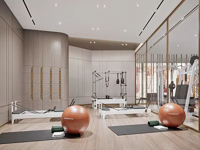 Modern Fitness Studio With Wooden Walls Large Mirrors Exercise Balls Yoga Mats And Pilates Equipment 3d model