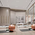 Modern Fitness Studio With Wooden Walls Large Mirrors Exercise Balls Yoga Mats And Pilates Equipment