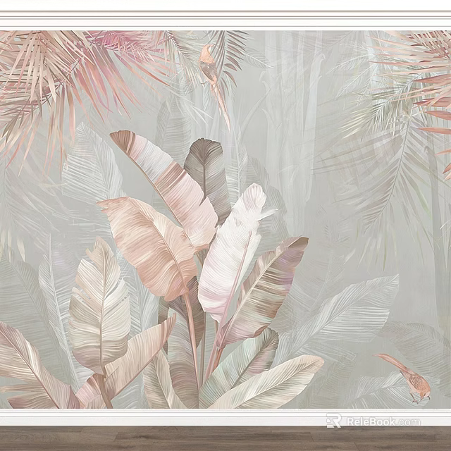 Tropical Palm And Banana Leaves Wall Decor With Pastel Pink And Green Tones 3d model 