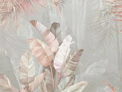 Tropical Palm And Banana Leaves Wall Decor With Pastel Pink And Green Tones 3d model