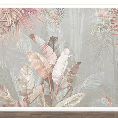 Tropical Palm And Banana Leaves Wall Decor With Pastel Pink And Green Tones 3d model