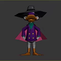 Purple 3D Cartoon Character With Wide Brimmed Hat And Metallic Wing Structures