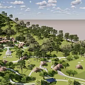 Park Landscape With Rolling Hills Lush Trees Cherry Blossoms Lawn Winding Paths And White Statue