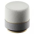 Modern Round Gray Upholstered Ottoman With Houndstooth Blanket And Gold Trim